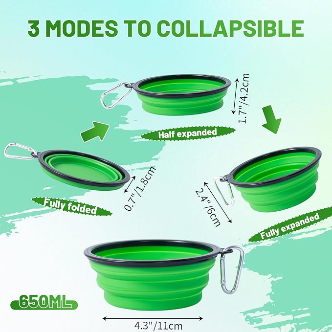 Dog Bowl Collapsible, 2 Pack, with Carabiners, Medium, Blue+Green