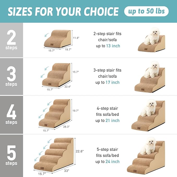 COZY KISS Dog Stairs for High Bed 22.6" H, Small Dog Step for Puppy, Older or Cat, Curved Ramp for Car, Ladder with High Density Foam, Lightweight, Durable, 5 Step, 15.7x33x22.6 inch, Light Brown