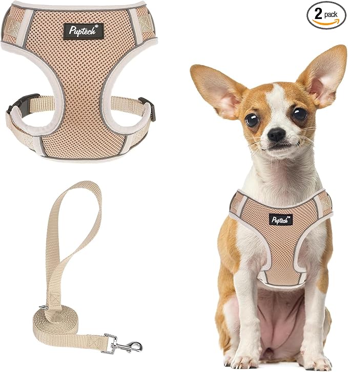 PUPTECK Dog Harness and Leash Set, No Pull Adjustable Pet Small Dog Harness, Reflective Soft Mesh Pet Vest, for Small Medium Dogs Walking, Khaki, XS