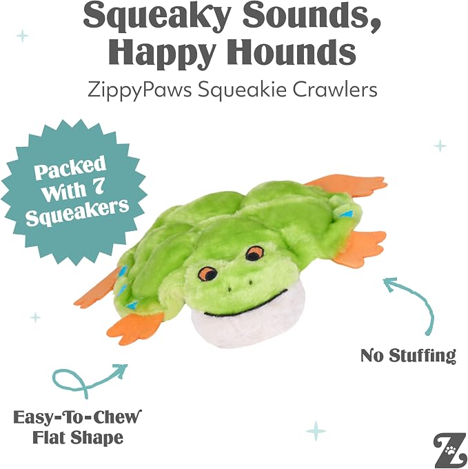 ZippyPaws Squeakie Crawler No Stuffing Dog Toy to Keep Them Busy - 11" | For Small, Medium, & Large Dogs, Squeaky Pet Toy for Boredom, Soft Plush Puppy Products, Toby the Tree Frog