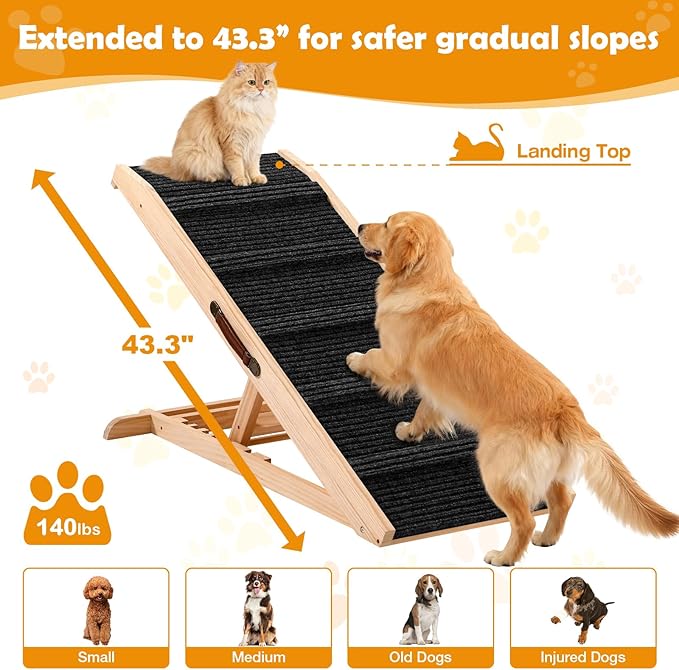 43" Long Dog Ramp with Landing Platform for Bed, Couch & Car - 6 Level Adjustable Height (10.8" to 23.6"), Foldable Wooden Pet Ramp with Non-Slip Surface, for Small, Medium & Old Dogs Up to 140 LBS