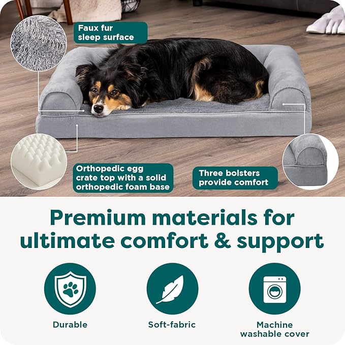Furhaven Orthopedic Plush &amp; Suede Sofa Dog Bed - Large (up to 55 lbs), Gray