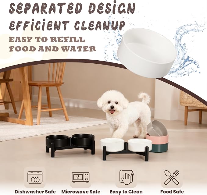 Raised Ceramic Dog Bowl Set - Elevated Double Dishes with Stainless Steel Stand - Food and Water Bowls for Small Dogs and Indoor Cats - Each Holds 1.6 Cups (10.8 fl oz) - White