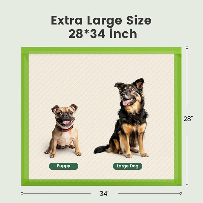 Gardner Pet Dog Pee Pads Extra Large 28"x34", XL Thicker ECO Green Disposable Puppy Training Pads Super Absorbent Full Edge-Wrapping Pad for Dogs, Puppies, Cats, Rabbits (150 Count)