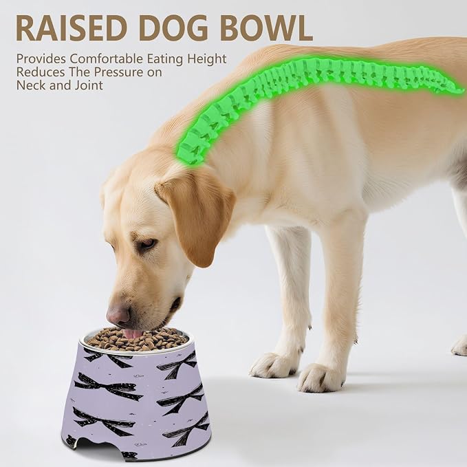 Blueangle Elevated Dog Bowls with Stainless Steel - Non-Slip 2.3 Cup High Capacity Pet Dish for Spinal Health & Black Bows Design（294）