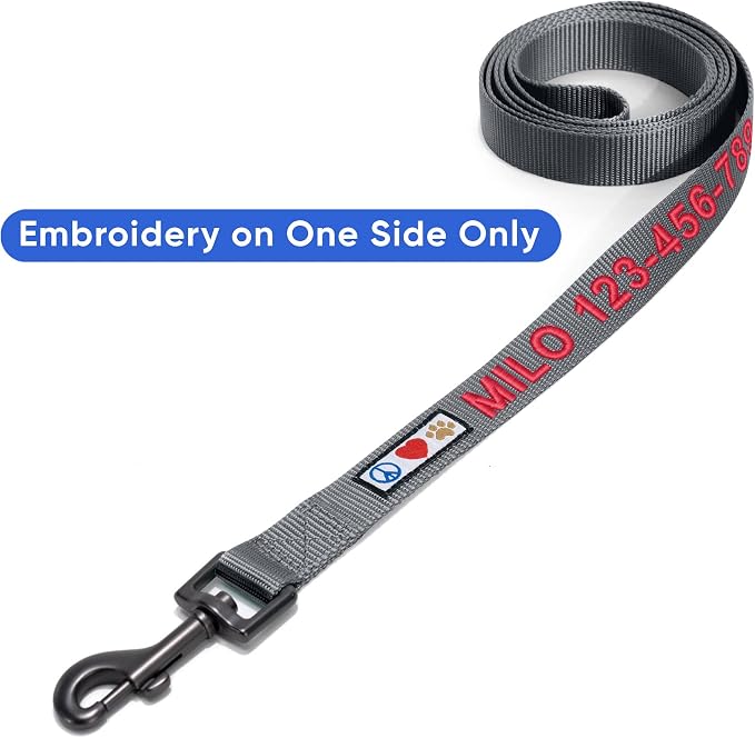 Pawtitas Personalized 6 ft Grey Dog Leash M/L Custom Name and Phone Embroidery Strong Nylon Leash for Medium and Large Breeds