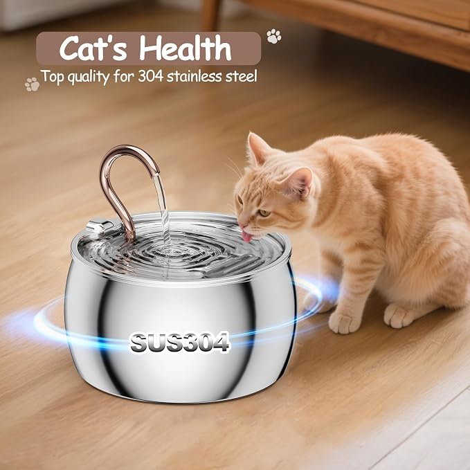 Cat Water Fountain Stainless Steel -2.5L/84oz Gooseneck Kitty Spout Cat Fountain for Drinking - Pet Water Fountain for Cats Inside with 6 Replacement Filters & 6 Pre-Filter Sponges - for Pets