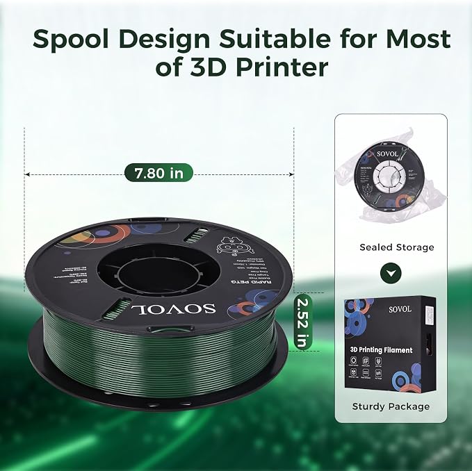 Sovol 3D Printer Rapid PETG Filament 1.75mm 1KG (2.2lbs), High Precision, Strong Toughness, Wiring Tightness, Dimensional Accuracy +/- 0.03 mm, 3D Printing High Speed PETG Filaments, Olive Green