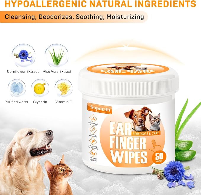 Dog Ear Wipes, Ear Cleaner Finger Wipes for Dogs & Cats