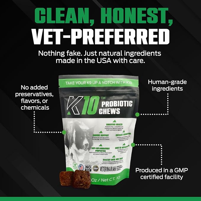 K10 Probiotic Chews for Dogs, Probiotic & Prebiotic Formula, 10 Count