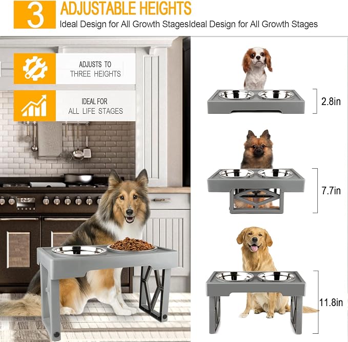 Elevated Dog Bowls for Large Dogs, Medium and Small - Raised Dog Bowl Stand Feeder Dog Dish Food Bowls - Double Stainless Steel Food and Water Bowls, 3 Heights, 2.8”, 7.7”, & 11.8” (Grey)