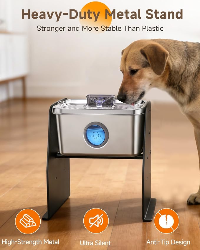 PETIMI Elevated Dog Bowl, 2 Gallon Dog & Cat Water Fountain with Stand, Large Indoor Raised Dog Bowl, Ultra Quiet Pet Fountain, Adjustable Height, Safety Lock, Anti-Tip, 3 Filters Included, Smart Pump