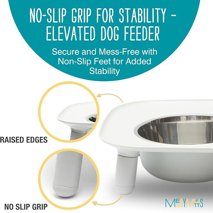 Messy Mutts Elevated Double Dog Feeder, Adjustable Height, Light Grey | Adjustable-Height Elevated Double Dog Feeder With Two 5 Cup Stainless Bowls, Legs Set To 3, 5, Or 10 Inches