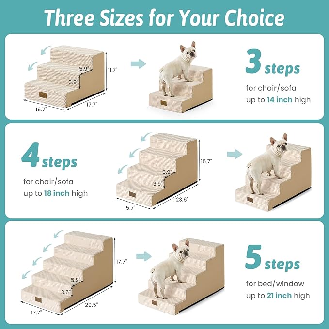 COZY KISS Dog Stairs for Small Dogs, 3 Step Pet Stairs for Beds & Couches | 11.7" H Non-Slip Dog Steps for Bed & Sofa, Gentle Incline for Puppies, Senior Cats, and Small Dogs, 15.7x17.7x11.7 in, Beige
