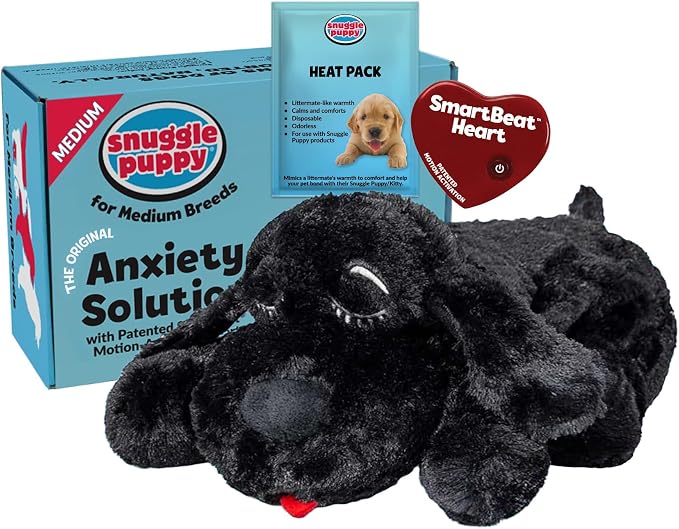 Snuggle Puppy Heartbeat Dog Toy for Puppies, Real-Feel Heartbeat, Calming Sleep Aid and Crate Training Comfort Toy with Heat Pack, Black Plush Design | Calming heartbeat toy, crate training comfort, heat pack, new puppy essentials, first nights, sleep,...
