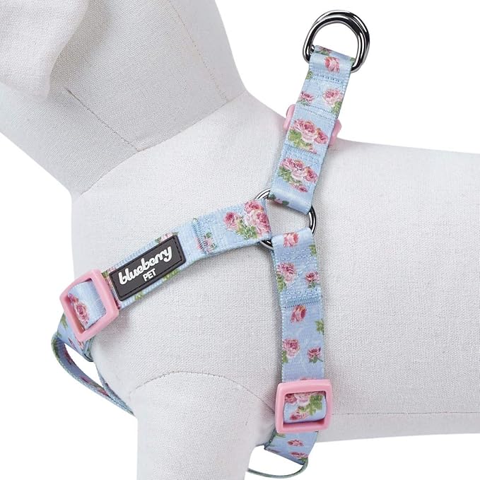 Blueberry Pet 9 Patterns Step-in Spring Scent Inspired Rose Blossom Floral Print Pastel Blue Dog Harness, Chest Girth 20" - 26", Medium, Adjustable Harnesses for Dogs