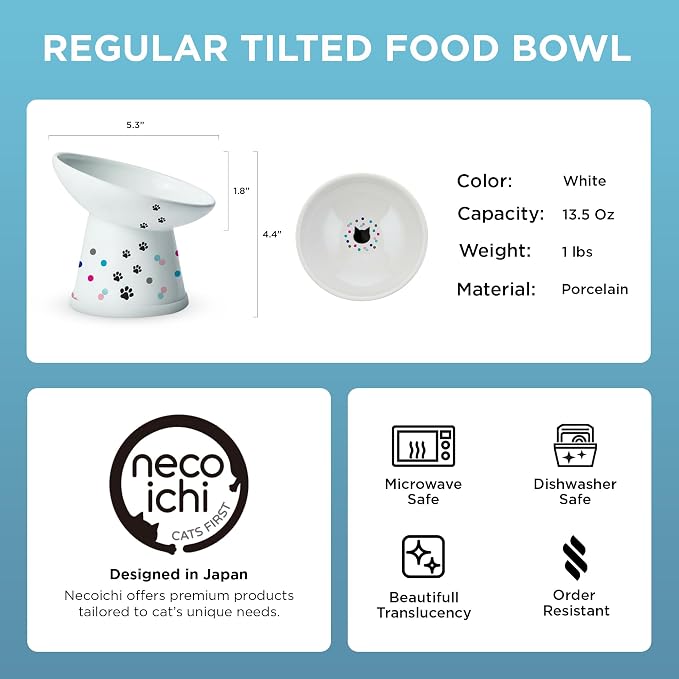 Necoichi Raised Cat Food Bowl – Ceramic Elevated 15° Tilted Cat Bowl for Whisker & Neck Fatigue, Dishwasher Microwave Safe – Non-Slip & Anti Vomiting Ergonomic Design (Colorful Dots, Regular Tilted)