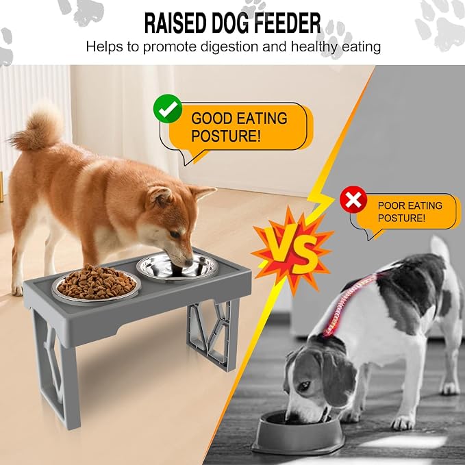 Elevated Dog Bowls for Large Dogs, Medium and Small - Raised Dog Bowl Stand Feeder Dog Dish Food Bowls - Double Stainless Steel Food and Water Bowls, 3 Heights, 2.8”, 7.7”, & 11.8” (Grey)