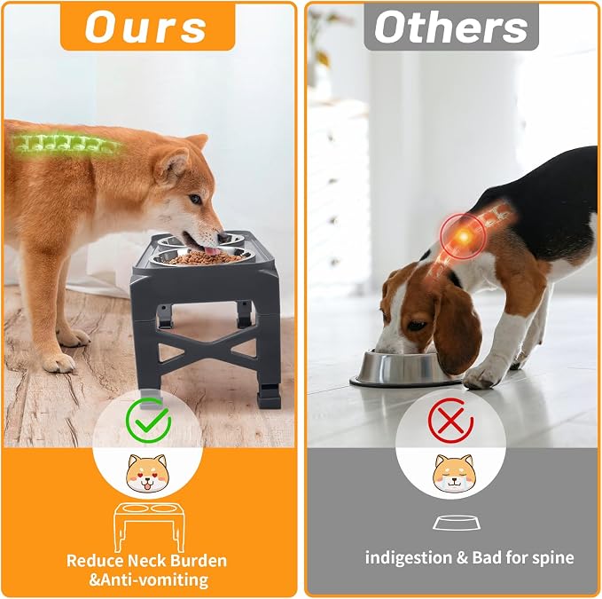 Elevated Dog Bowls with 2 Stainless Steel Dog Food and Water Bowls+Pet Food Scoop Raised Bowl Adjusts to 5 Heights (3.15",8.66",9.84",11.02", 12.2") for Small Medium and Large Dogs Cats (Grey)