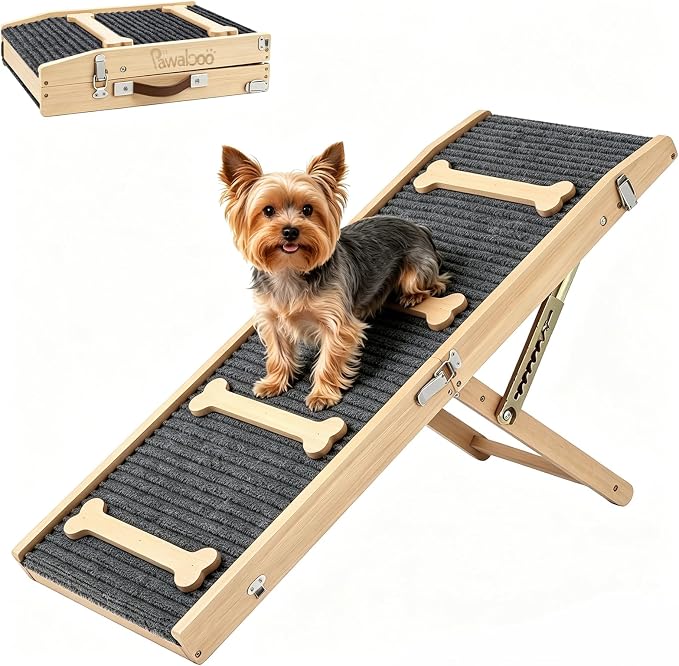Pawaboo 2026 Upgraded Dog Ramp for Couch, Foldable Small Dog Ramp for Sofa with 7 Adjustable Heights from 2.2" to 18.5", Portable Non-Slip Pet Ramps for Couch Sofa, Wood