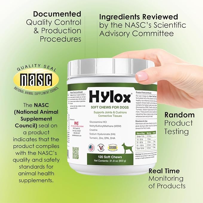 Hylox Soft Chews for Dogs – Joint Support with Glucosamine, MSM, Creatine, Hyaluronic Acid, Turmeric, EPA & DHA – Supports Joints & Cushions Connective Tissues – NASC Certified – 120 Soft Chews