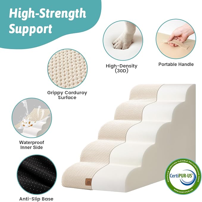 COZY KISS Wide Dog Stair for Small Dog 22.6" H, 5 Step Pet Ramp for Bed | Curved Stable Dog Step for Puppy, Older Cat, Senior, Medium, Short-Legged Dog, Non-Slip Ladder for Car, 17.7" Width, Beige