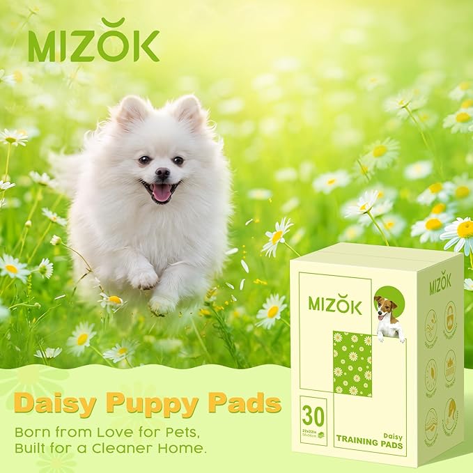 MIZOK Puppy Pads 22"x22", Dog Pee Pads 6-Layer Super Absorbent & Leak-Proof, Daisy Pattern, 4-Corner Adhesive Tabs, Wee Wee Pads for Puppies & Small Dog Breeds, Regular Size (30 Counts)