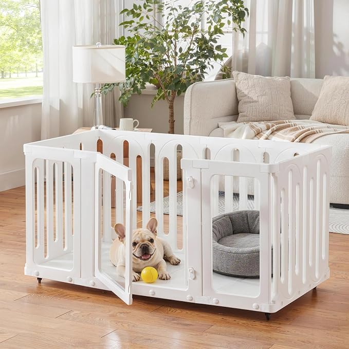 Mobile Acrylic Dog Playpen Indoor with Bottom Panels & Wheels, Puppy Play Pen with DIY Easy Assemble, Moveable Pet Fence for Puppies (24''Tall, 8 Panels + 4 Bottom Panels + 8 Wheels)