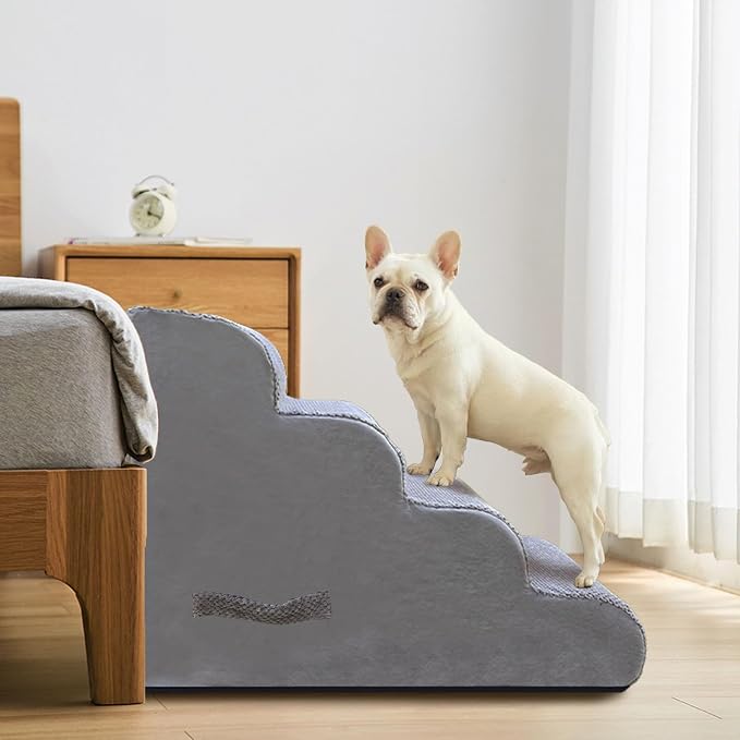 PAWSCRAT Pet Stairs for Dogs 4-Step, 19.6" H Pet Stairs for High Bed, Couch Sofa & Chair, 30D Material Soft Foam Dog Steps with Non-Slip Bottom Surface Removable Washable Cover, LightGrey