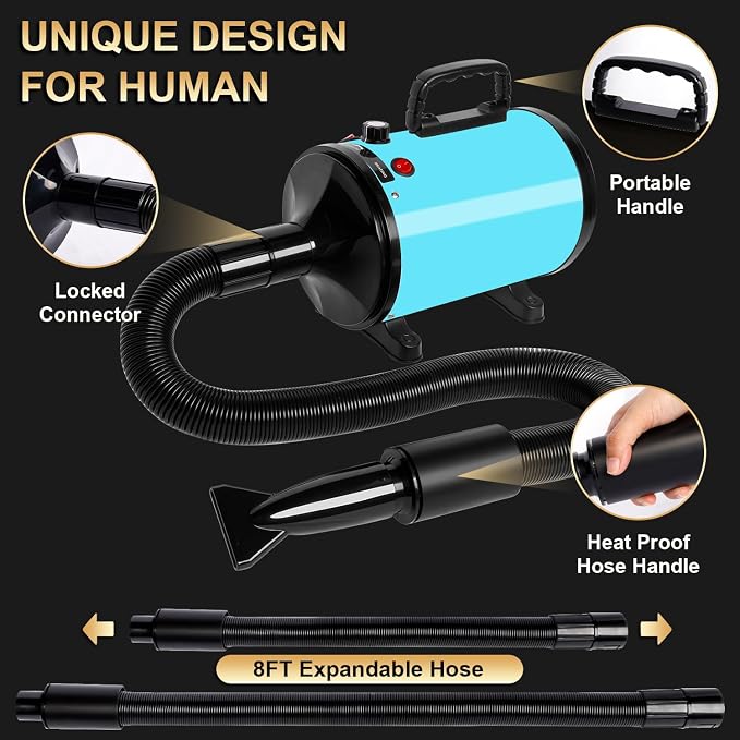 FURRYFECTION Professional Pet Hair Dryer, Quiet High Velocity Dog Grooming Blower with Adjustable Speed & Temperature, 4 Nozzles, Low Noise Pet Dryer for Dogs & Cats, Blue
