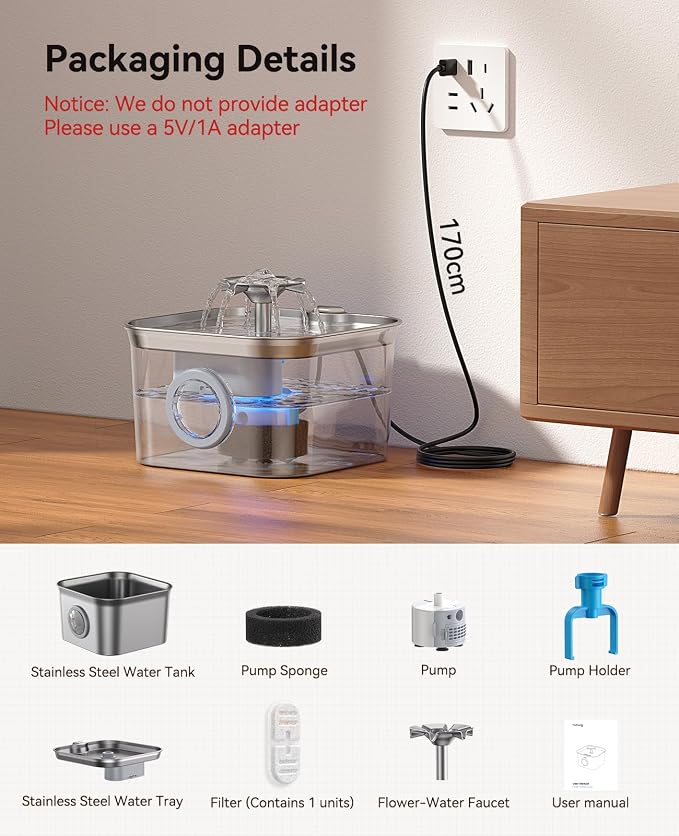 Stainless Steel Cat Water Fountain, 99oz/2.8L Auto Pet Drinking Fountain with 20dB Ultra-Quiet Pump- Ideal for Timid Pets, LED Water Level Window, Dishwasher Safe, 24/7 Circulating Flow - FEELNEEDY