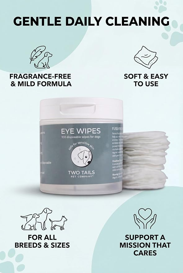 Two Tails Pet Company Eye Wipes Gentle Dog Face Wipes for Cleaning Dirt Around Eyes, Fragrance-Free, Soft & Safe, 100 Disposable Wipes for Grooming Care