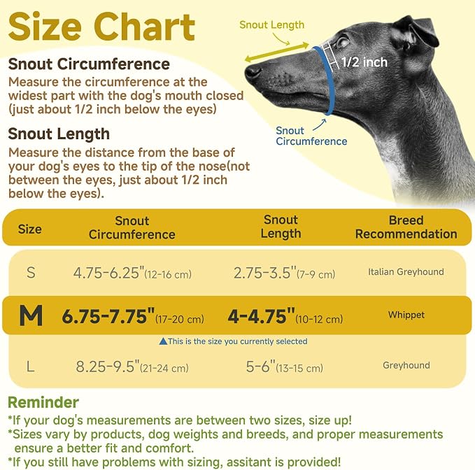 Soft Mesh Muzzle for Greyhound Whippet Long Narrow-Snouted Dogs | Prevent Excessive Biting Chewing Eating, Grooming Nail Trimming Walking Vet Visits Use, Allowing Drinking, Breathable | M