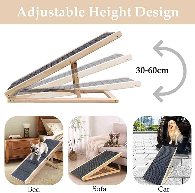 Folding Dog Ramp for Bed, Couch & Car，17" Adjustable Pet Ramp with Non-Slip Rubber Mat, 5-Level Height Adjustments, Portable Ramp for Small, Large & Senior Dogs or Cats，Easy Storage