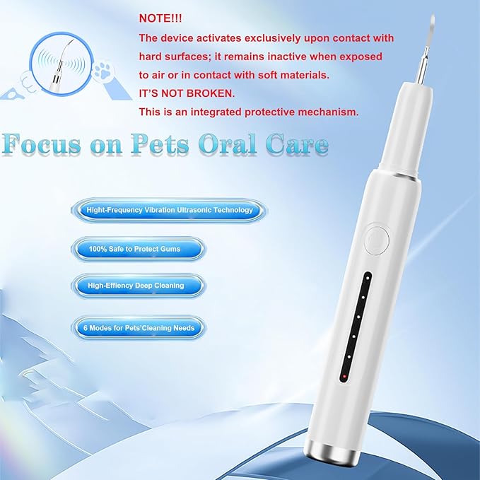 Pet Ultrasonic Plaque Remover,Tooth Cleaning Kit for Tartar and Stains,6 Modes Low Noise Sonic with LED Light,Safe for Dogs and Cat(White)
