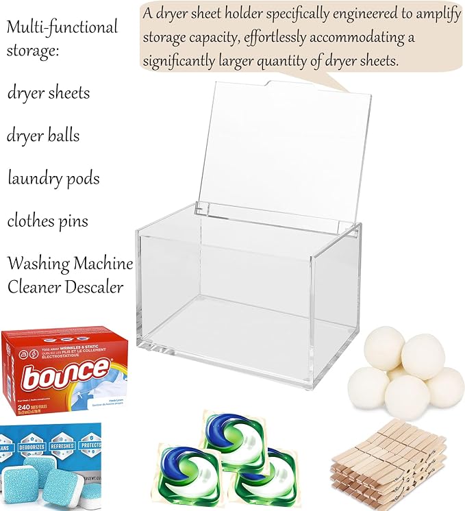 rejomiik Large Dryer Sheet Holder, Dryer Sheet Dispenser with Lid, Clear