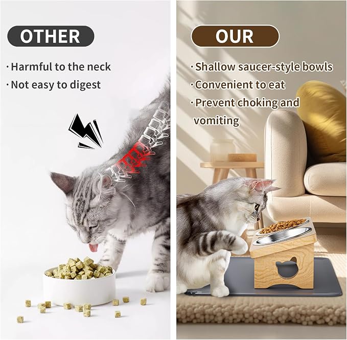 Elevated Cat Bowls, 15° Tilted Raised Cat Food Bowl with Solid Wood Stand & Stainless Steel Dishes, Cat Feeding Station with Silicone Mat, Helps Reduce Vomiting for Cats & Small Dogs(Natural)