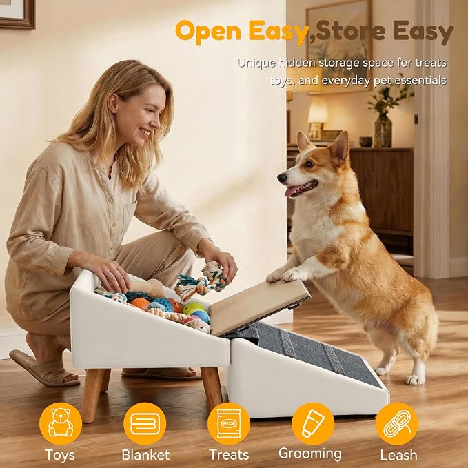 Dog Ramp for Small Dogs, 15.7" H 3-in-1 18.5" Extra Wide Foldable Ottoman & Hidden Storage Design Dog Stairs for Couch Sofa, Non-Slip Pet Steps for Puppy Senior Injured Dogs (White)