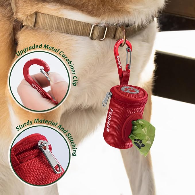FURHAB Dog Poop Bag Holder for Leash Doggie Waste Bag Dispenser Soft Fabric Puppy Potty Carrier Small Doggy Zipper Pouch with Carabiner Clip 1680D Nylon Oxford with 1 Roll of Pet Trash Bags, Red