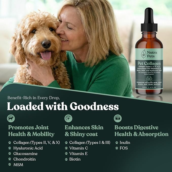 Premium Liquid Collagen for Dogs & Cats | 5 Types of Collagen (I, II, III, V, X) | Supports Skin, Coat, Hips, Joints, & Bones | Allergy and Itch Relief | Biotin, Hyaluronic Acid, Vitamin C