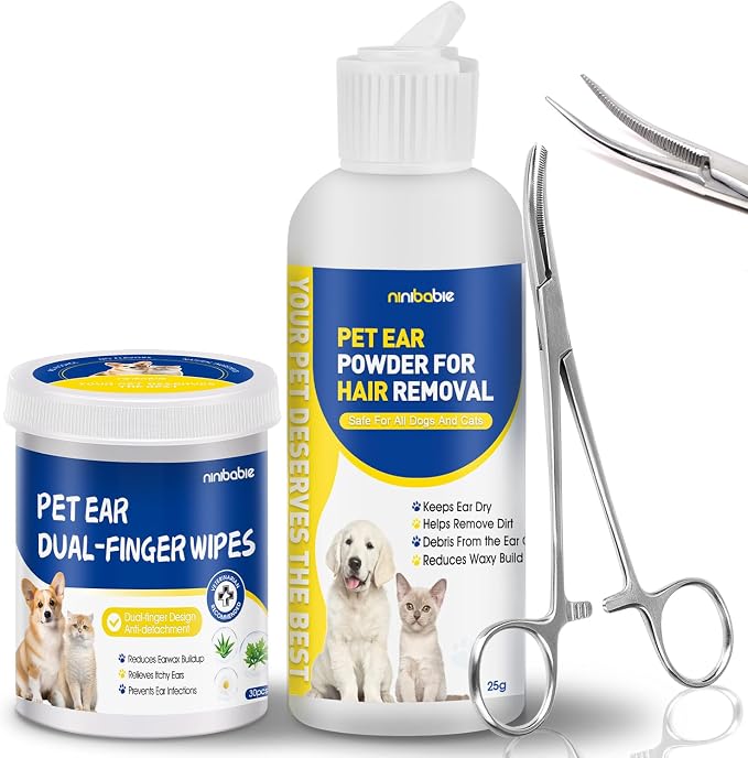 Dog Ear Hair Removal Kit with Ear Powder & 5.5" Curved Forceps
