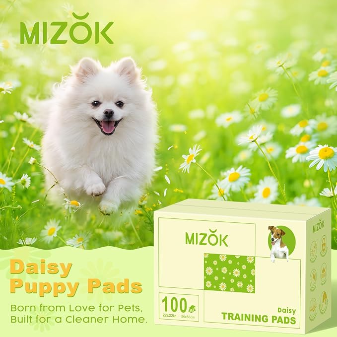 MIZOK Puppy Pads 22"x22", Dog Pee Pads 6-Layer Super Absorbent & Leak-Proof, Daisy Pattern, 4-Corner Adhesive Tabs, Wee Wee Pads for Puppies & Small Dog Breeds, Regular Size (100 Counts)