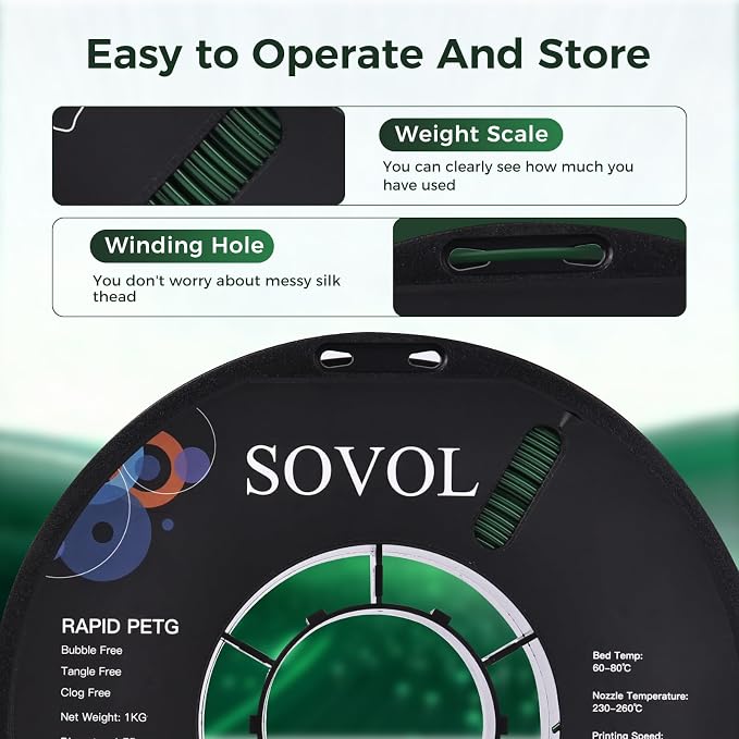 Sovol 3D Printer Rapid PETG Filament 1.75mm 1KG (2.2lbs), High Precision, Strong Toughness, Wiring Tightness, Dimensional Accuracy +/- 0.03 mm, 3D Printing High Speed PETG Filaments, Olive Green