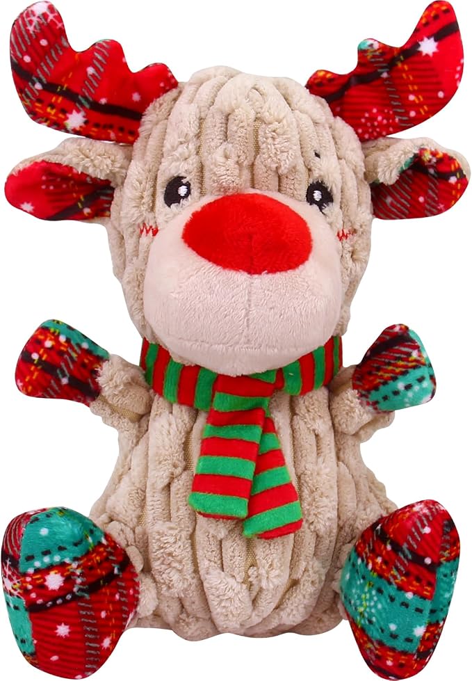 loncoldy Christmas Dog Toys, Funny Squeaky Reindeer Toy with Crinkle Paper Attract Pets, Interactive Plush Chew Toys, Adorable Christmas Elk Dog Gifts for Small Medium Large Dogs