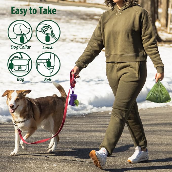 FURHAB Dog Poop Bag Holder for Leash Doggie Waste Bag Dispenser Soft Fabric Puppy Potty Carrier Small Doggy Zipper Pouch with Carabiner Clip 1680D Nylon Oxford with 1 Roll of Pet Trash Bags, Purple