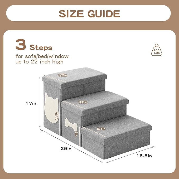 3-Step Wider Dog Steps for Bed 17" H, Foldable Dog Stairs with Storage, Non-Slip Pet Steps for Small Medium Large Dogs, Arthritis-Friendly Pet Stairs for Couch and Car Up to 200 lbs, Grey