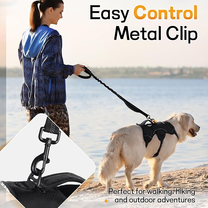 rabbitgoo Escape Proof Dog Harness for Large, No Pull with Lift Handle | No Escape, Full Soft Padded, Reflective Adjustable Vest, Leash Clip for Walking Hiking Training, Black, Large