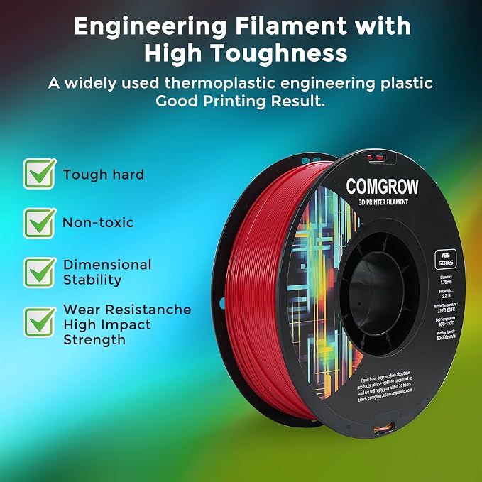 Comgrow ABS 3D Printer Filament, 1.75mm, Heat Resistant, 1kg, Red