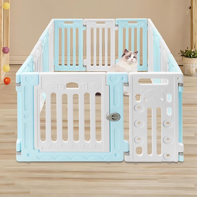 Pop Up Dog Playpen, Foldable Pet Playpen (Blue and White) | HDPE Material, for most puppies small or medium dogs