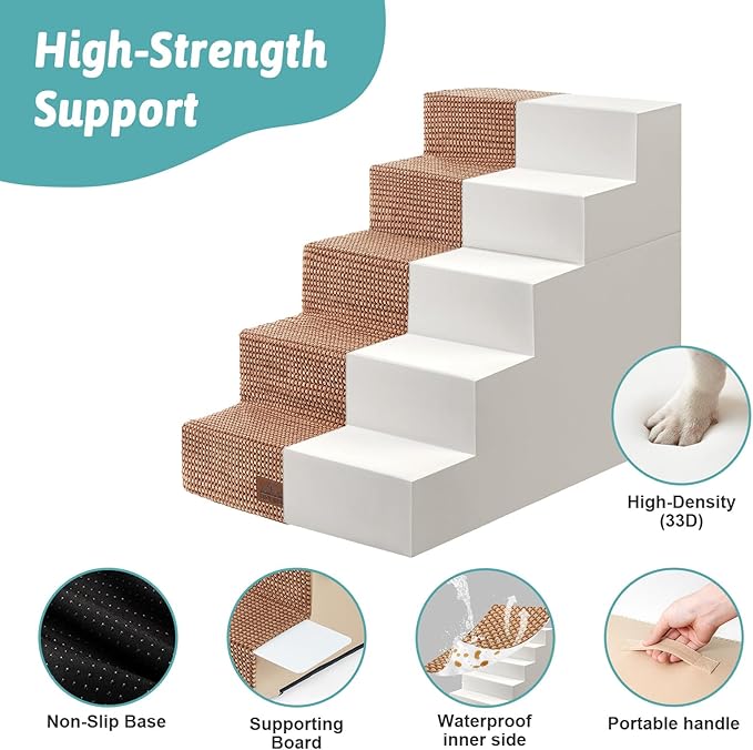 COZY KISS Dog Stairs with Detachable Zipper, 19.7" Extra Wide Right-Angle Pet Stairs for Bed, Anti-Slip Dog Steps for Lowrider and Elderly Cats with Support Board, 19.7x29.5x23.6 inch, Light Brown